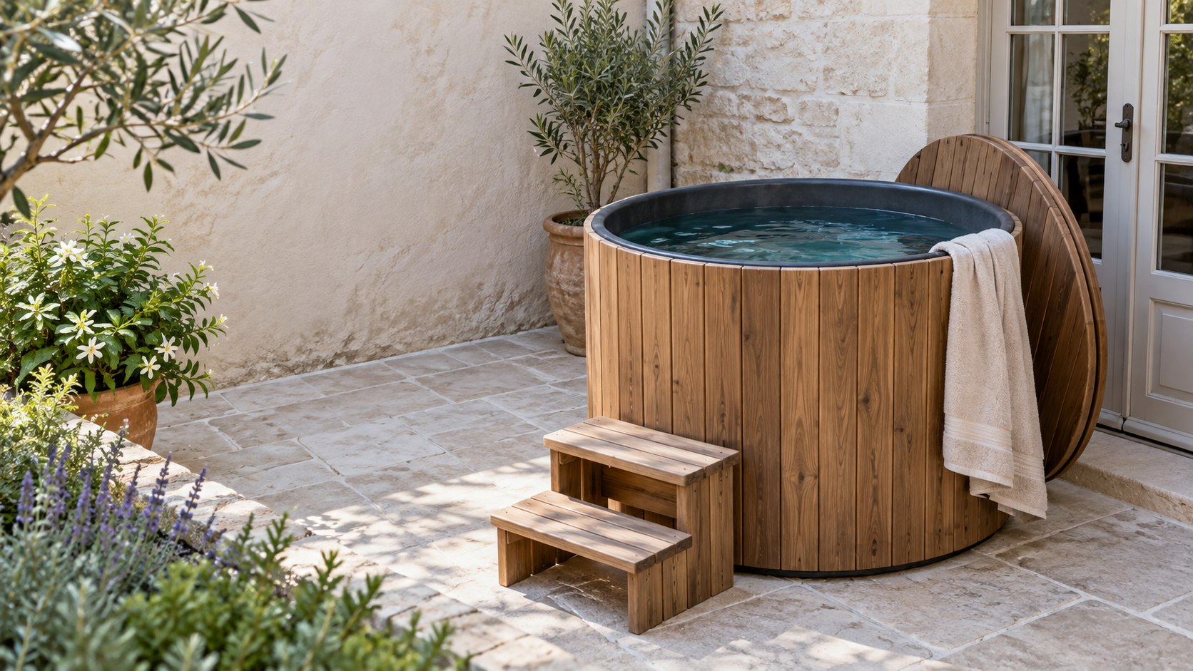 Illustration d’ambiance : une cuve de bain froid compacte sur la terrasse d’une maison, sans vapeur.